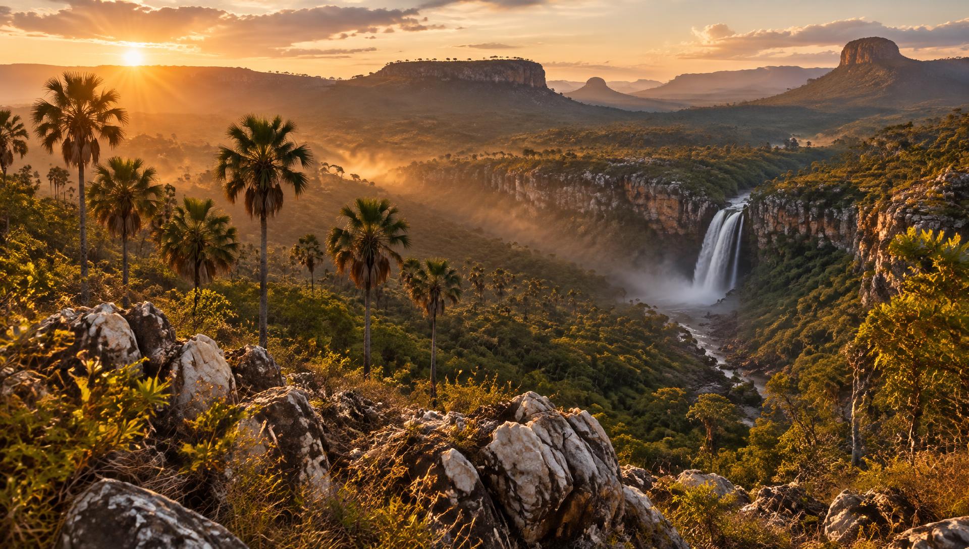 Amanhecer sobre os paredões e a cachoeira da Chapada dos Veadeiros